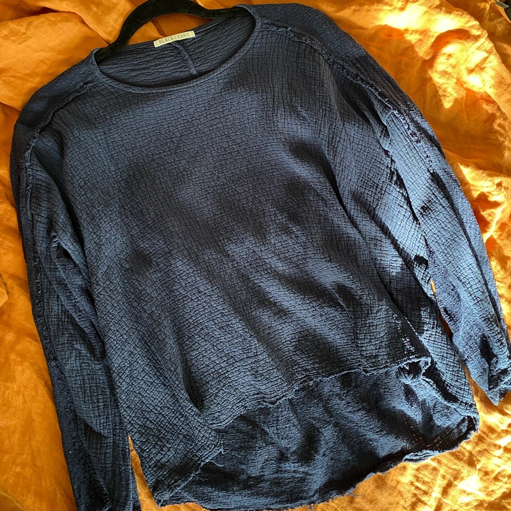 Navy Black Crane Organic Gauze Long Sleeve Top